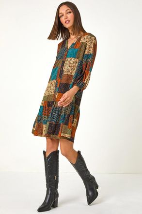 Roman Paisley Patchwork Print V-Neck Smock Dress