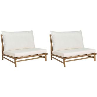 Beliani Set di 2 sedie in legno da giardino in bamb&ugrave; con cuscini bianco sporco Todi