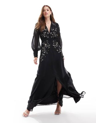 Hope & Ivy embellished maxi dress with long sleeves in black