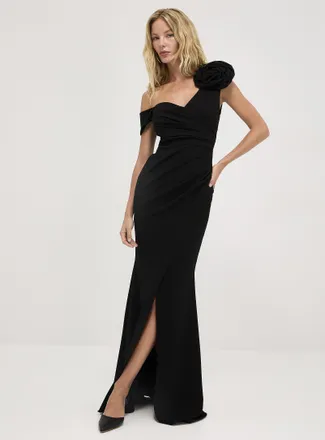 Icone Womens Black rose-detail draped-collar maxi dress