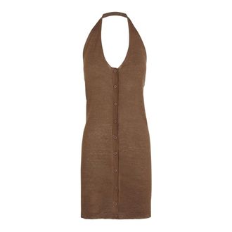 Cortana Top Halterneck in Lino e Seta Color Cannella - - Tops - Donna - Beige - XS