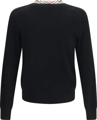 Burberry Mens Check Trim Wool Sweater Black Merino Ovis Aries