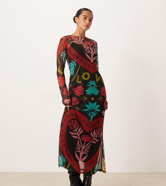 Never Fully Dressed Petite - Vestito con stampa astratta vivace in rete con gonna al polpaccio-Multicolore