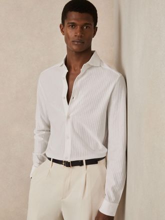 Reiss White Cotton-jersey Stripe-jacquard Shirt, S