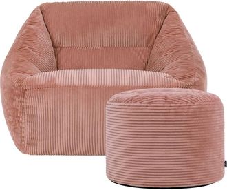 Icon Brand Corduroy Bean Bag Armchair & Round Beanbag Footstool in Pink