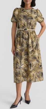 Kasper Palm Print Belted Midi Shirtdress in Black Multi at Nordstrom, Size X-Small