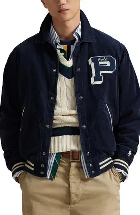 Polo Ralph Lauren Logo Appliqué Corduroy Varsity Jacket in Aviator Navy at Nordstrom, Size X-Large