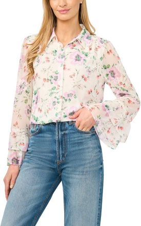 CeCe by Cynthia Steffe Floral Print Ruffle Cuff Shirt in New Ivory at Nordstrom, Size Medium