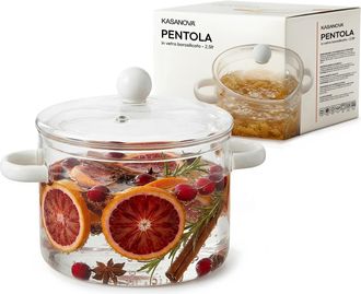 KASANOVA Pentola 2,5 L vetro borosilicato con coperchio manici bianchi