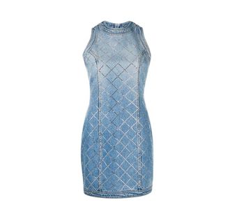 Balmain Blue rhinestone embellished fitted denim dress Size XS