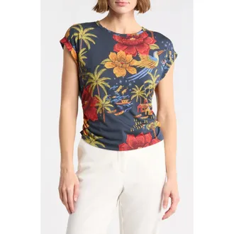 T Tahari Cuffed Short Sleeve Ruched T-Shirt in Tropical Bloom Print at Nordstrom Rack, Size X-Large
