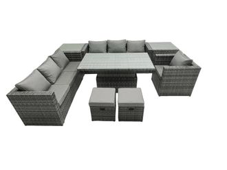 Fimous Rattan Dining Table Sofa Set with 2 Small Stools Outdoor 9 Seat in Dark Grey