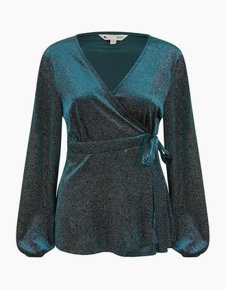 Yumi Womens Sparkle Velvet Wrap Blouse - Green - Size: 12