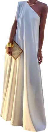 Generic Womens Sleeveless Slant Neck Solid Color One Shoulder Loose Beach Dresses 01 White S