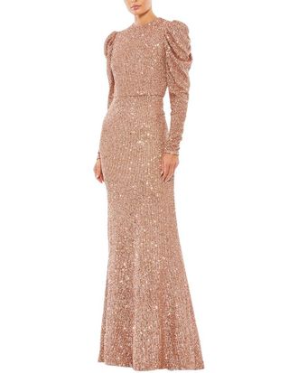 Mac Duggal High Neck Puff Long Sleeve Column Gown