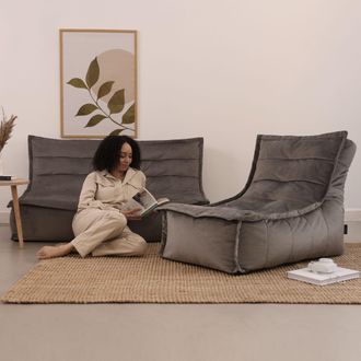 Icon Brand Kota Velvet XL Bean Bag Sofa & Lounger Set Grey Bean Bag Chair in Charcoal