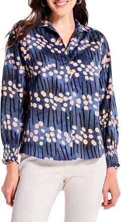 Nic+Zoe Smocked Cuff Stretch Cotton Button-Up Shirt in Blue Multi at Nordstrom Rack, Size Petite P