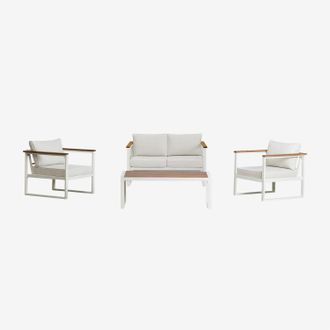 Sklum Sklum - Conjunto De Jard&iacute;n Con Sof&aacute; De 2 Plazas, 2 Sillones Y Mesa De Centro En Aluminio Y Madera De Acacia Lipov