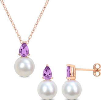 Mimi & Max 8.5-9mm Cultured Freshwater Pearl 1ct TGW Amethyst Jewelry Set Rose Plated Sterling Silver