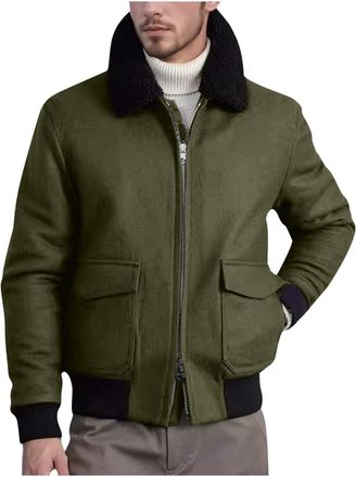Generic Mens Stylish Casual Jacket Zip Up Faux Fur Collar Winter Coats Comfy Shearling Bomber Jacket with Pockets Army Green
