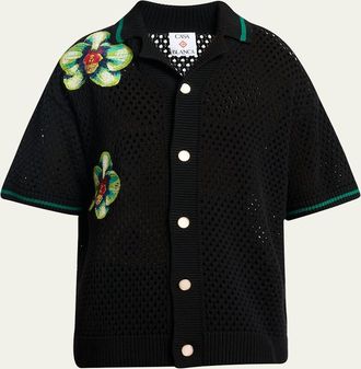 Casablanca Mens Orchid Embroidered Crochet Short-Sleeve Cardigan