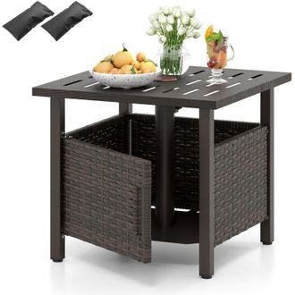Costway Tavolino da Esterno con Foro per Ombrellone da 4,9 cm, Tavolo da Patio in Rattan PE, Tavolino Laterale per Giardino, Terrazza e Bordo