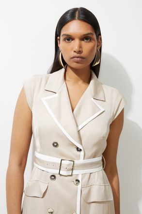 Karen Millen Petite Premium Tailored Linen Double Breasted Belted Tipped Midi Dress