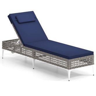 Costway Costway Rattan Sun Lounger 6-Level Adjustable Garden Chaise Lounge Chair in Navy