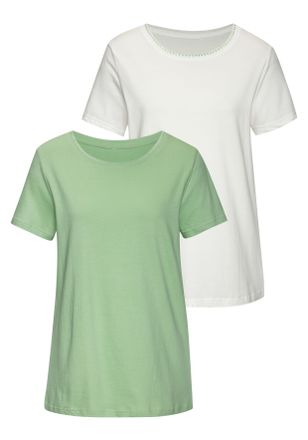 Vivance T-Shirt VIVANCE mit modischer Kontraststickerei, Damen, Gr. 32/34, gr&uuml;n (gr&uuml;n, creme), Single Jersey, Obermaterial: 100% Baumwolle, unifarben, Basic n
