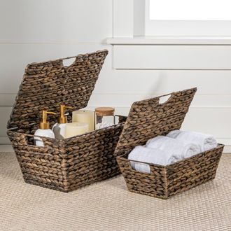 Happimess Wilder Classic Farmhouse Woven Hyacinth Rectangular Storage Baskets with Lids and Handles, in Brown at Nordstrom