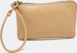 Coach Beige Leather Zip Wristlet Pouch