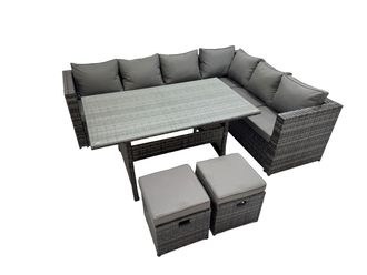 Fimous 8 Seater Patio Dining Corner Sofa Sets with 2 Small Footstools in Dark Grey