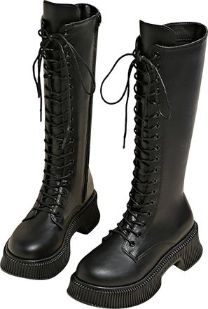 Generic Womens Black Knee High Boots Combat Knitted Shaft Boots Lace Up Pu Leather Waterproof Boot Fall Winter Side Zipper Single Mid Calf Punk Goth Non Slip 