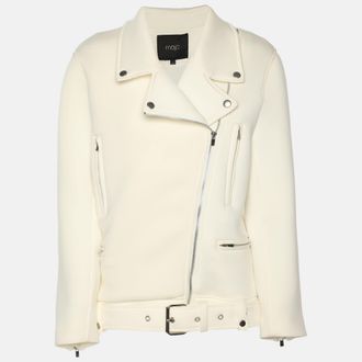 Maje White Neoprene Belted Biker Jacket