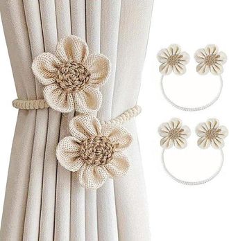 No Brand Cortinas (juego De 2 Piezas) - Estampado Floral Hecho A Mano - Estilo Bohemio - No Requiere Taladrar - Beige - Algod&oacute;n Y Lino - Aptas Para El Hogar Y 