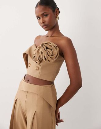 Asos Top sartoriale tortora con rosetta in coordinato-Marrone