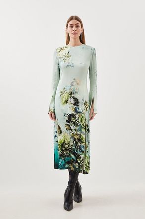 Karen Millen Womens Garden Floral Woven Viscose Satin Midi Dress - Blue - Size 6 UK