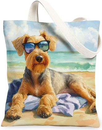 Generic Summer Pomeranian Dog Canvas Tote Bag for Shopping 13x15, Watercolor Beach Coastal Puppy Reusable Grocery Print Bag for Women, Beachy Pet Beach Aesthe