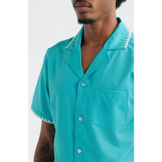 MAVRANS Crochet Trim Teal Camp Shirt at Nordstrom, Size Xx-Large