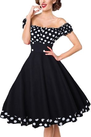 Generic Vintage Dress for Women UK, Polka Dot Elegant Dress 1950s Off Shoulder Swing Rockabilly Dress Audrey Hepburn Style Dress Bow Waist Dresses Loose Large