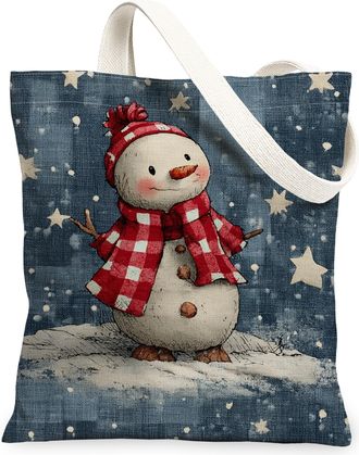 Generic Snow Man Canvas Tote Bags, Cute Holiday Character Pattern Reusable Shopping Bags, Festive Winter Decorative Lightweight Washable Shoulder for Travel G