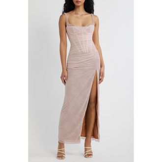 House of CB Lini Ruched Lace Sleeveless Mesh Gown in Baby Pink at Nordstrom, Size X-Small A