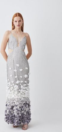 Karen Millen Crystal Applique Deep V Woven Maxi Dress