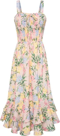 Grace Karin Womens Elegant Summer Floral Beach Maxi Dresses Smocked Strappy Boho Dress Dual Layer Flower Print XL