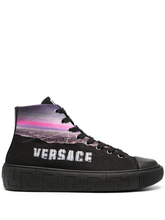 Versace Hills Greca high-top sneakers - men - Calf Leather/Fabric/Fabric/Rubber - 44 - Black