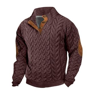 Generic Mens Cable Twist Knit Pullover, Button-Up Collar Casual Sweater. Soft Elbow Patch Knitwear for Men, Warm Autumn Winter Pullover, Classic Outdoor Sweat