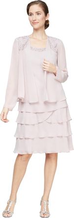 S.L. Fashions Womens Mother of The Bride Tiered Jacket Dress with Shoulder Embellishment Special Occasion, Lavender Frost, 10 Petite