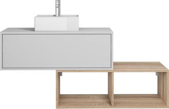 Vente-Unique Mueble de ba&ntilde;o suspendido con lavabo cuadrado - 1 caj&oacute;n blanco y 2 estantes natural claro - 94 cm - TEANA II