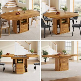 Merax Extendable Round Dining Table with 2 Drawers & Sliding Doors in Walnut