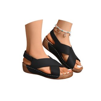 Generic Orthopaedic Sandals Wide Fit Wedge Sandals Summer Breathable Slip on Cushion Wide Fit Knit Shoes with Arch Support Open Toe Comfortable Sandal Wedge W